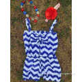 2015 baby girls 4th of July blue chevron cotton romper with matching necklace and bow set